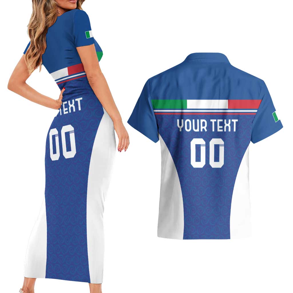 Custom Italy Football Couples Matching Short Sleeve Bodycon Dress and Hawaiian Shirt Italy Flag Pattern On Blue