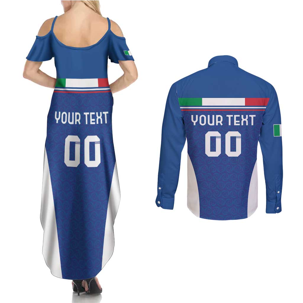 Custom Italy Football Couples Matching Summer Maxi Dress and Long Sleeve Button Shirt Italy Flag Pattern On Blue