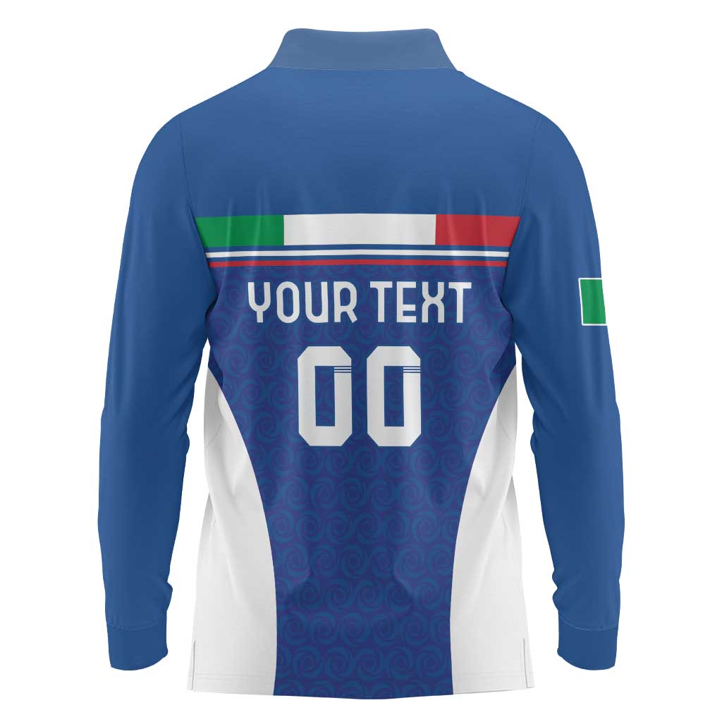 Custom Italy Football Long Sleeve Polo Shirt Italy Flag Pattern On Blue - Wonder Print Shop