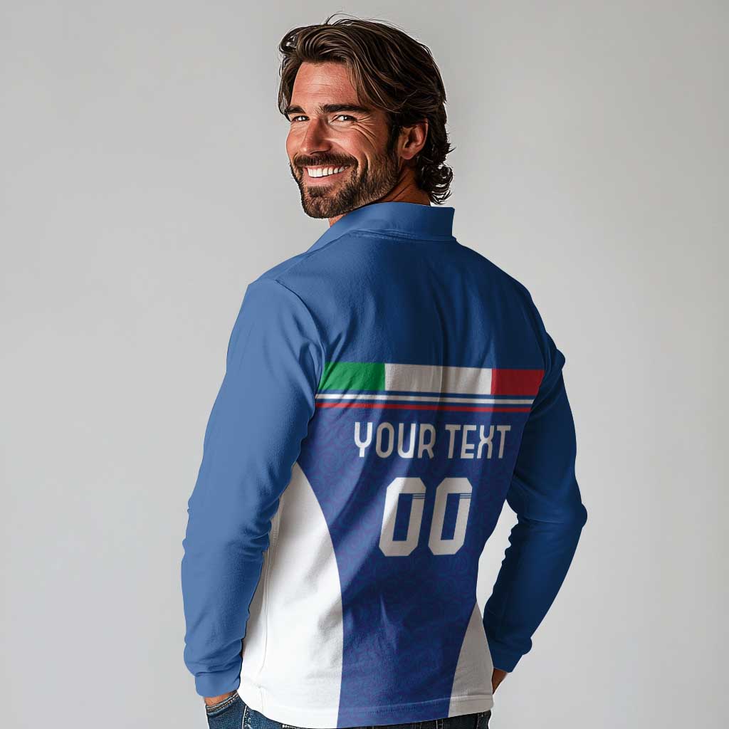 Custom Italy Football Long Sleeve Polo Shirt Italy Flag Pattern On Blue - Wonder Print Shop