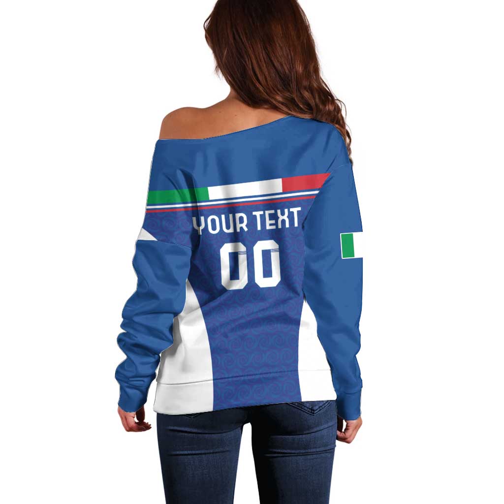 Custom Italy Football Off Shoulder Sweater Italy Flag Pattern On Blue - Wonder Print Shop