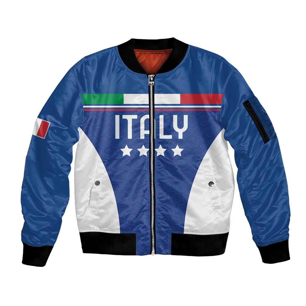 Custom Italy Football Sleeve Zip Bomber Jacket Italy Flag Pattern On Blue - Wonder Print Shop