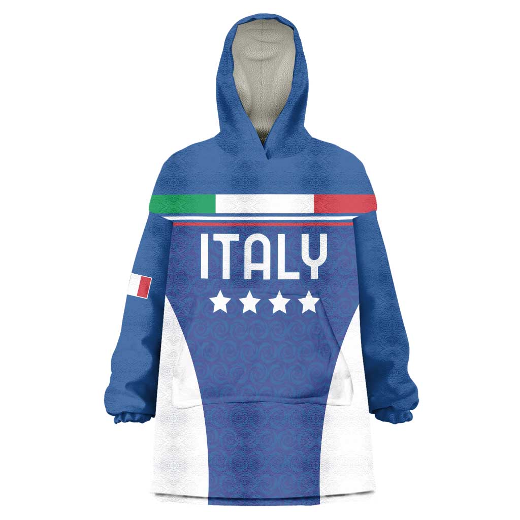 Custom Italy Football Wearable Blanket Hoodie Italy Flag Pattern On Blue - Wonder Print Shop