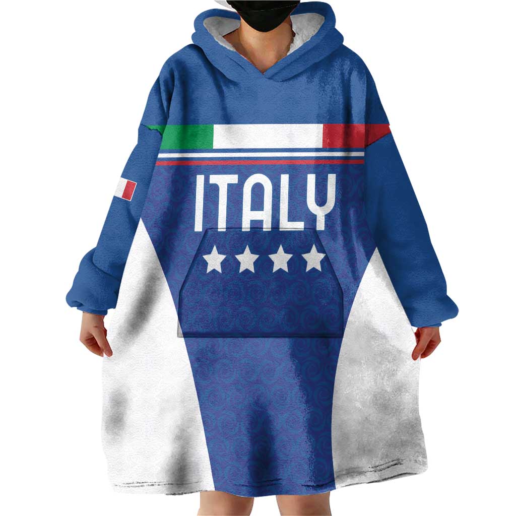 Custom Italy Football Wearable Blanket Hoodie Italy Flag Pattern On Blue - Wonder Print Shop