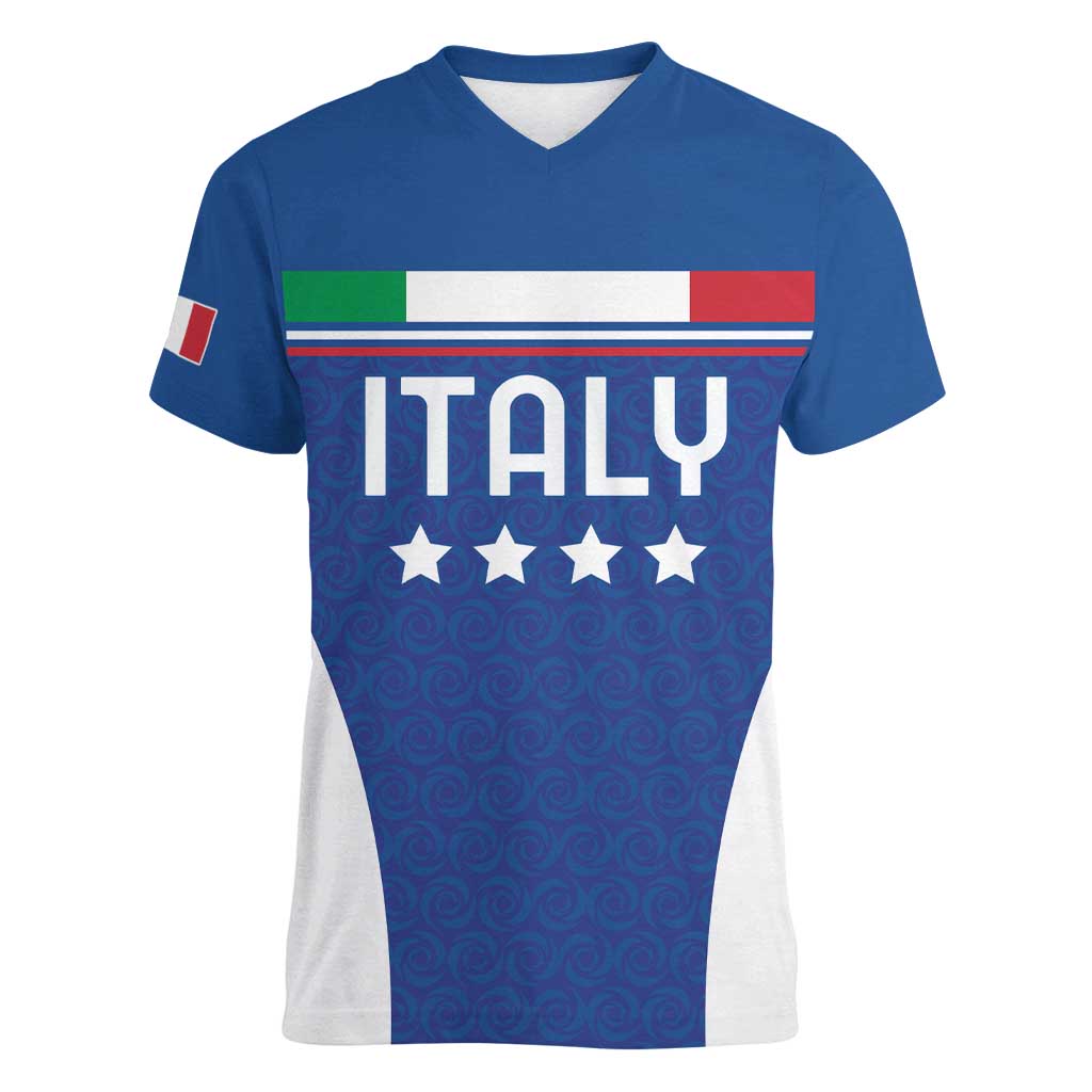 Custom Italy Football Women V-Neck T-Shirt Italy Flag Pattern On Blue - Wonder Print Shop