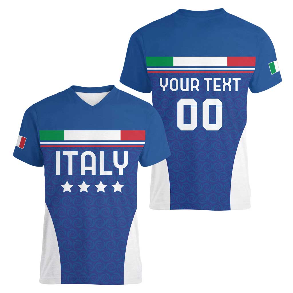 Custom Italy Football Women V-Neck T-Shirt Italy Flag Pattern On Blue - Wonder Print Shop