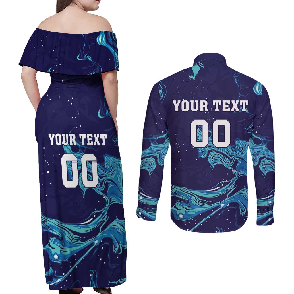 Custom Italy Rugby Couples Matching Off Shoulder Maxi Dress and Long Sleeve Button Shirt Gli Azzurri Flame Pattern