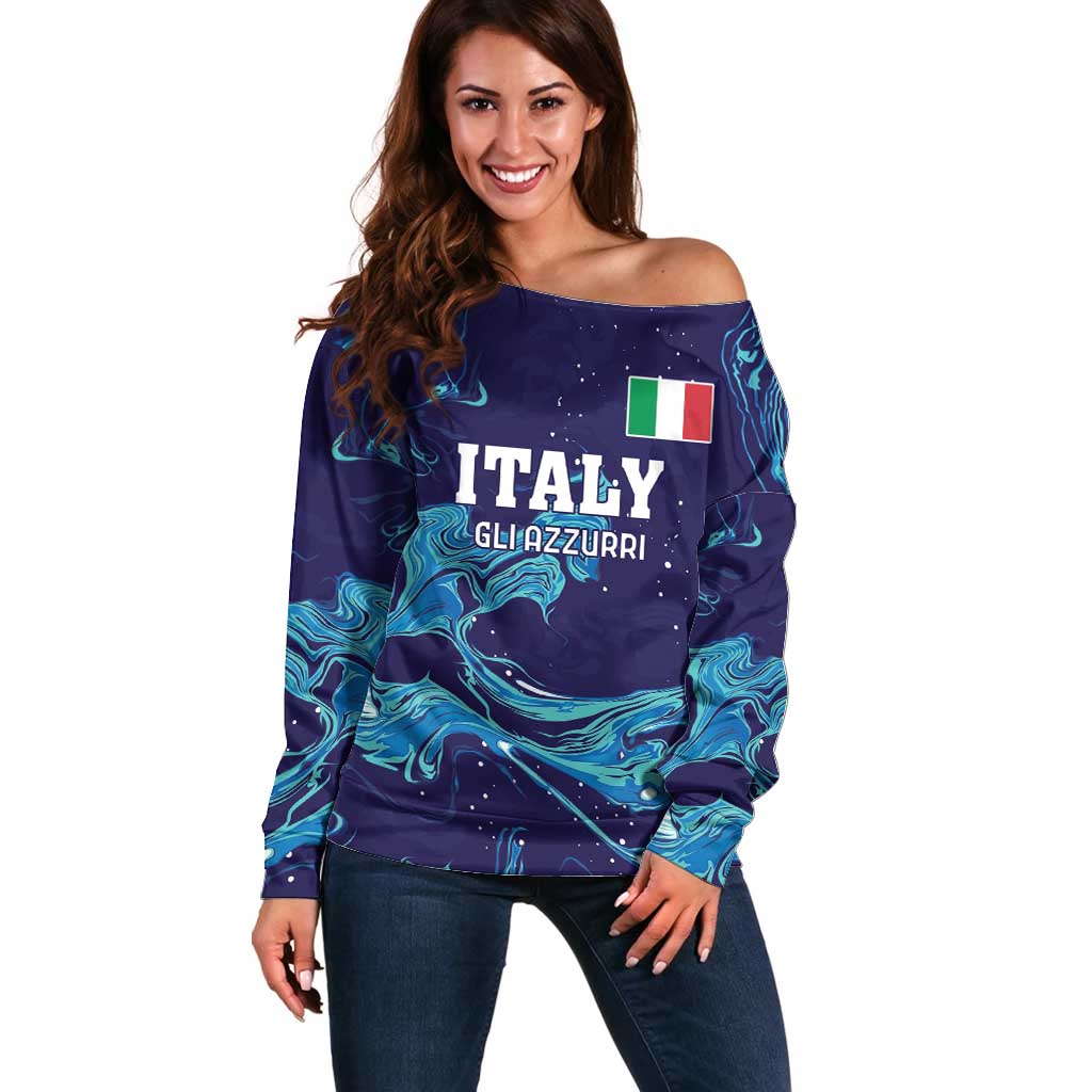 Custom Italy Rugby Off Shoulder Sweater Gli Azzurri Flame Pattern - Wonder Print Shop