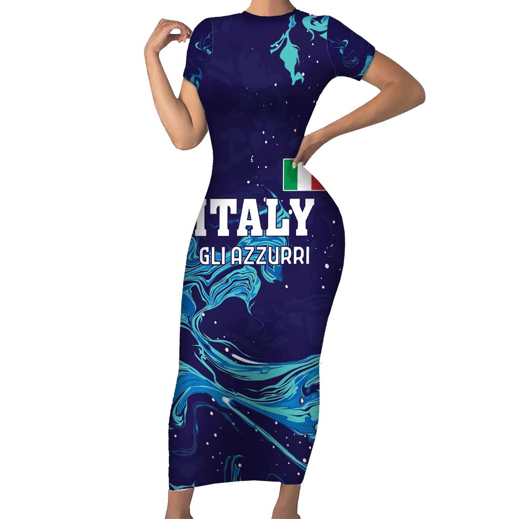 Custom Italy Rugby Short Sleeve Bodycon Dress Gli Azzurri Flame Pattern - Wonder Print Shop