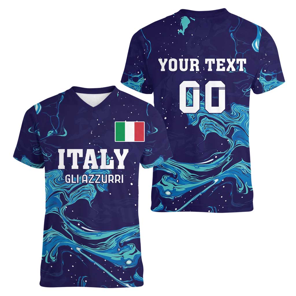 Custom Italy Rugby Women V-Neck T-Shirt Gli Azzurri Flame Pattern - Wonder Print Shop