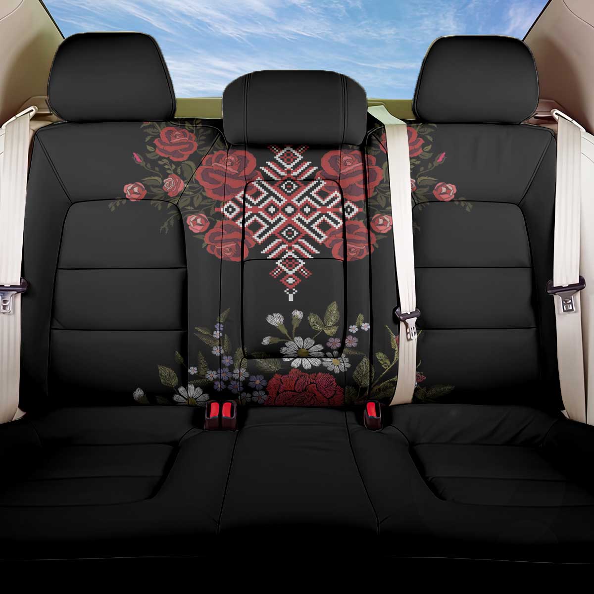 Czech Republic Traditional Costume Back Car Seat Cover Embroidery Floral Pattern With Red Rose