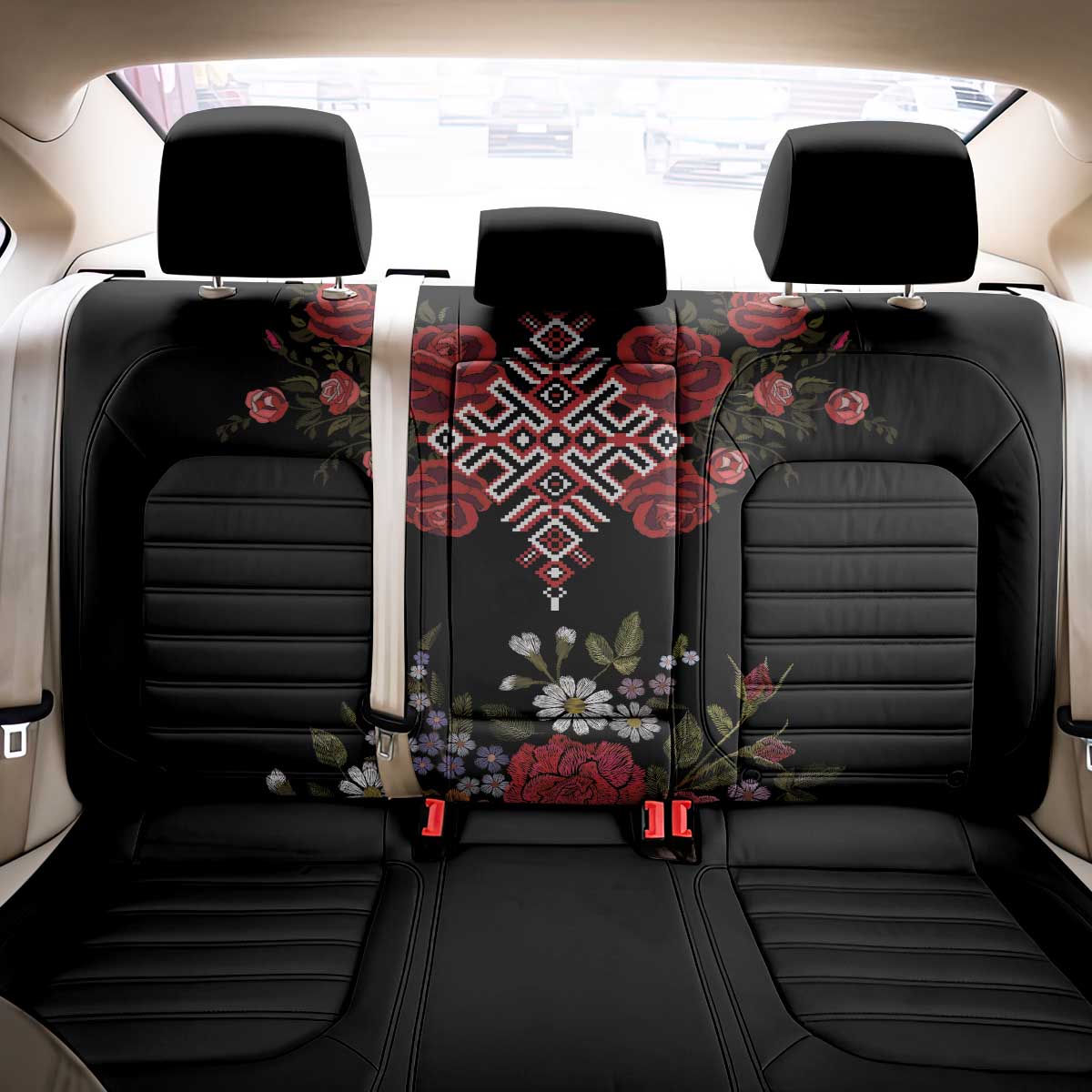 Czech Republic Traditional Costume Back Car Seat Cover Embroidery Floral Pattern With Red Rose