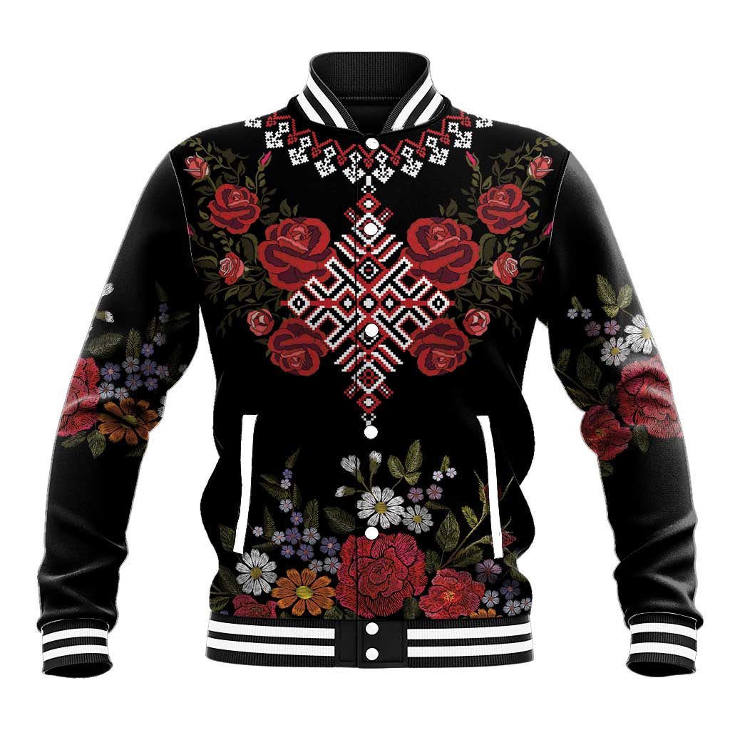 Czech Republic Traditional Costume Baseball Jacket Embroidery Floral Pattern With Red Rose