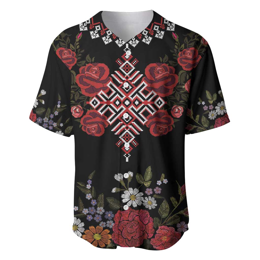 Czech Republic Traditional Costume Baseball Jersey Embroidery Floral Pattern With Red Rose