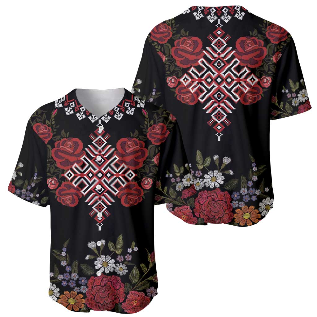 Czech Republic Traditional Costume Baseball Jersey Embroidery Floral Pattern With Red Rose