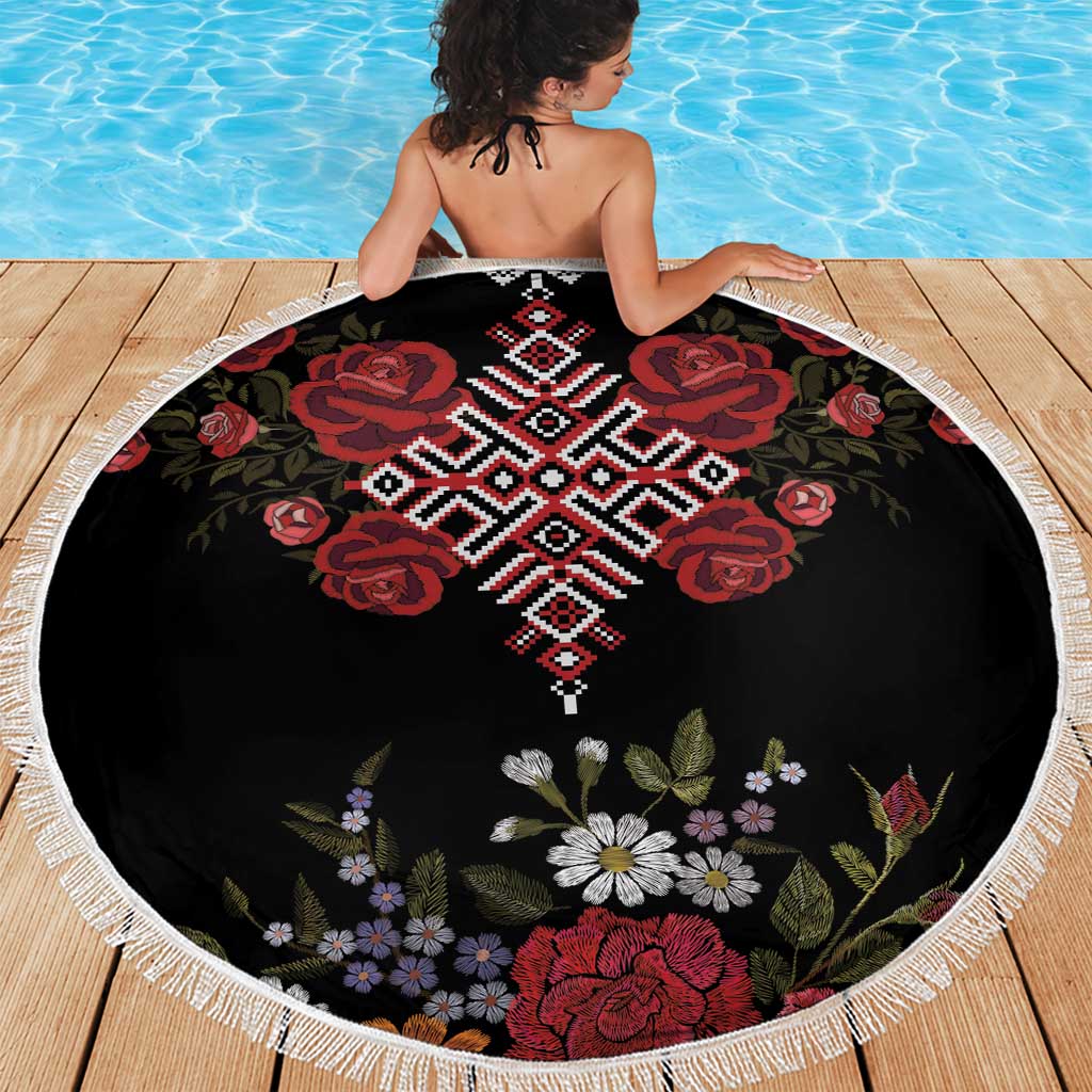 Czech Republic Traditional Costume Beach Blanket Embroidery Floral Pattern With Red Rose