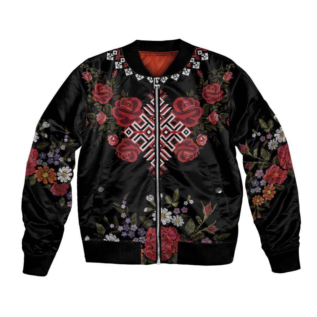 Czech Republic Traditional Costume Bomber Jacket Embroidery Floral Pattern With Red Rose
