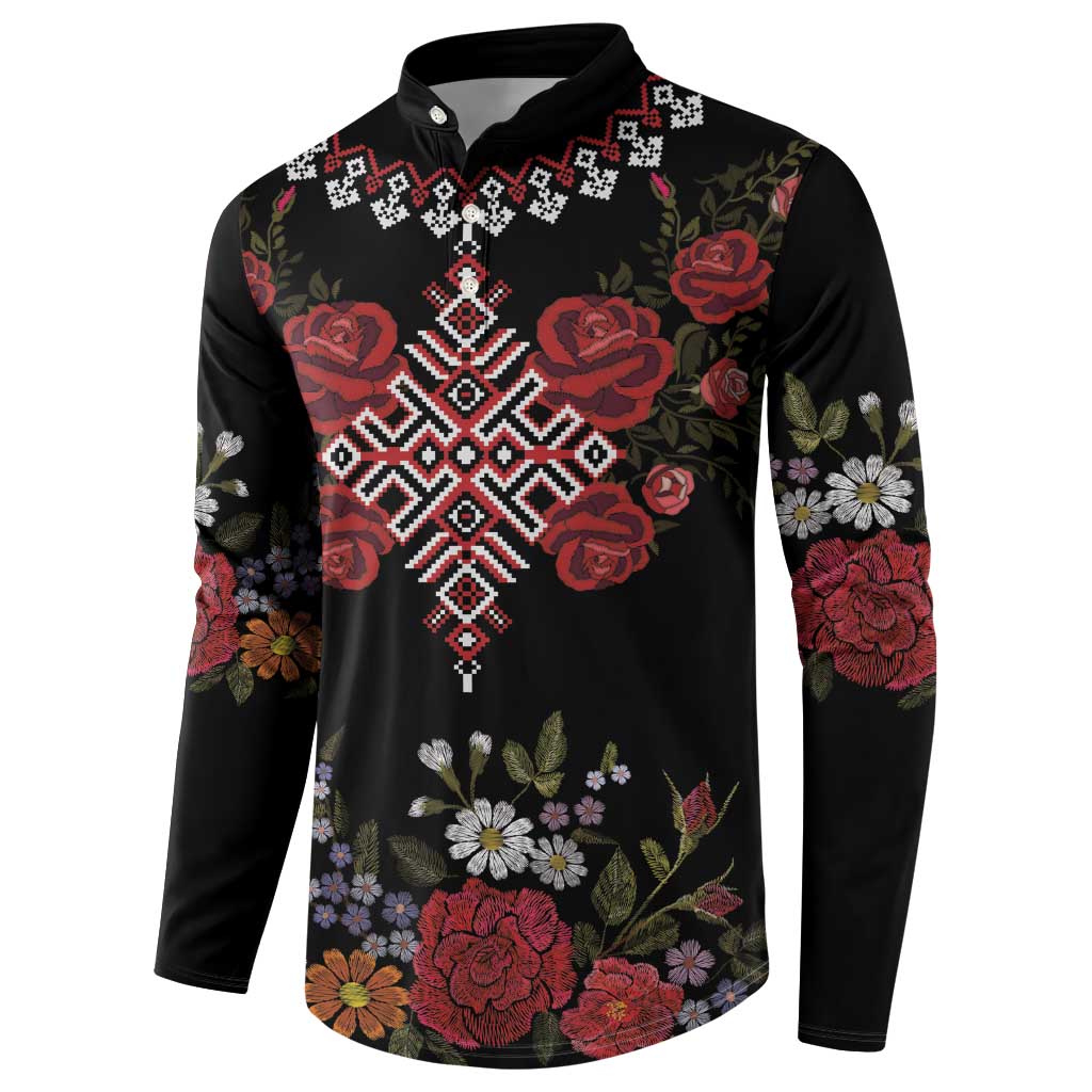 Czech Republic Traditional Costume Button Sweatshirt Embroidery Floral Pattern With Red Rose