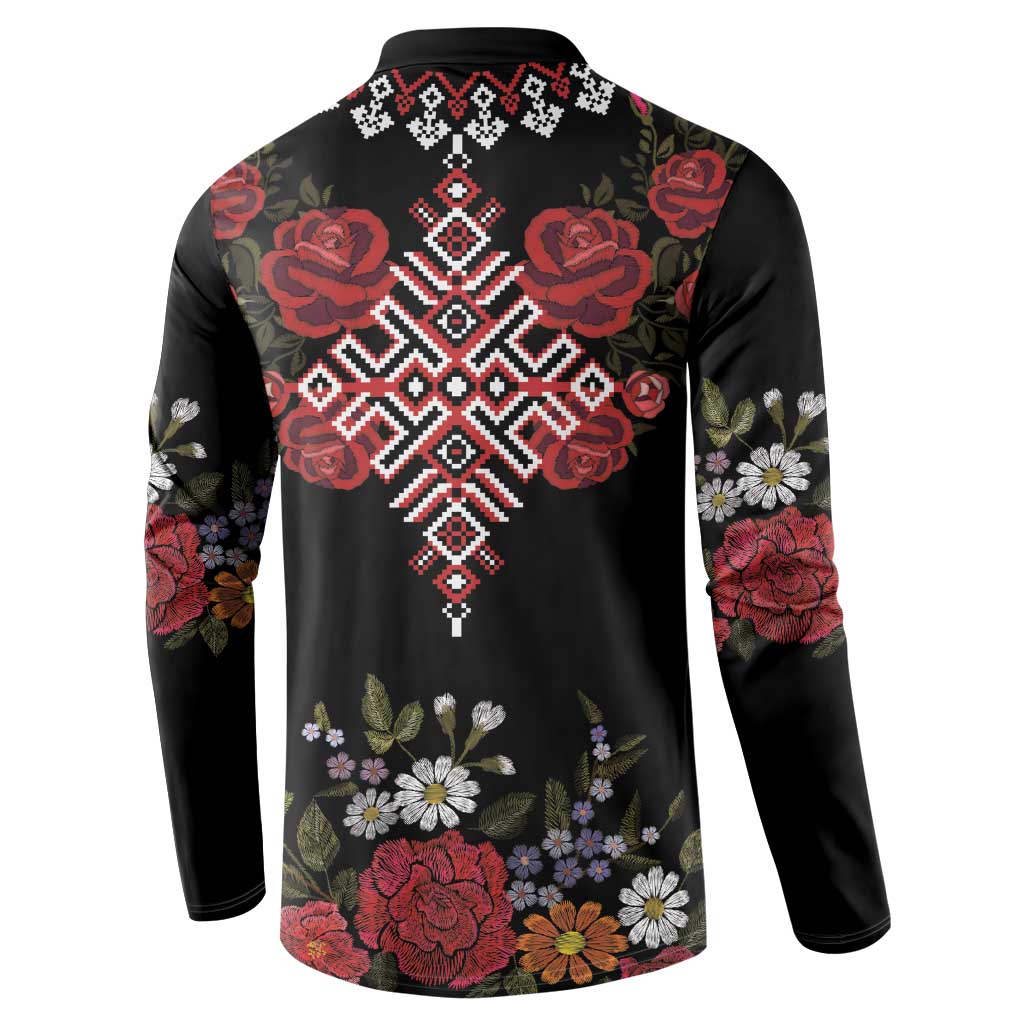 Czech Republic Traditional Costume Button Sweatshirt Embroidery Floral Pattern With Red Rose