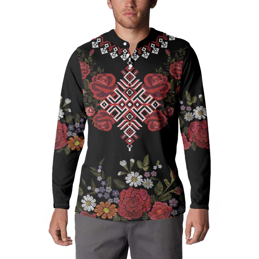 Czech Republic Traditional Costume Button Sweatshirt Embroidery Floral Pattern With Red Rose