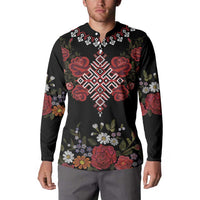 Czech Republic Traditional Costume Button Sweatshirt Embroidery Floral Pattern With Red Rose