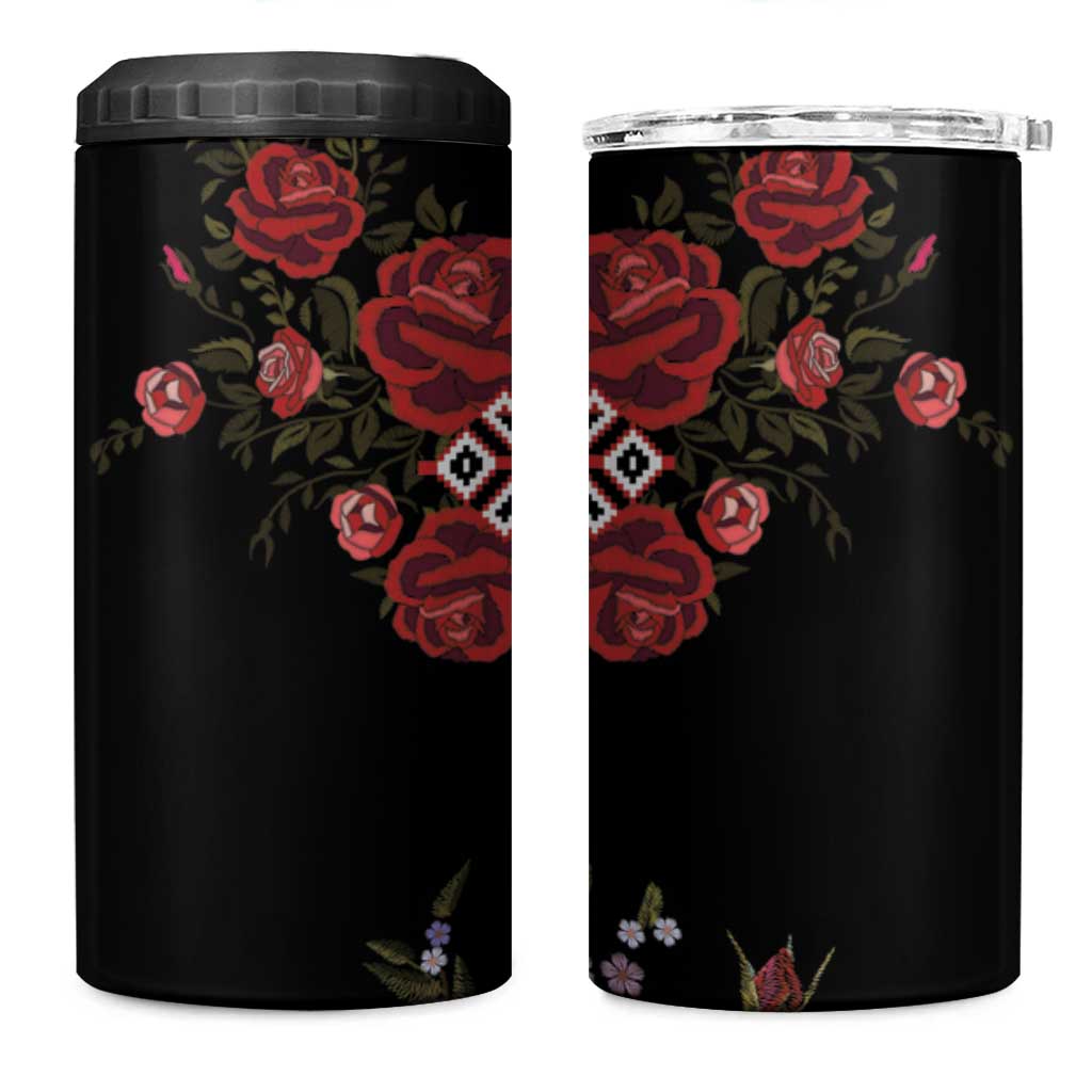 Czech Republic Traditional Costume 4 in 1 Can Cooler Tumbler Embroidery Floral Pattern With Red Rose