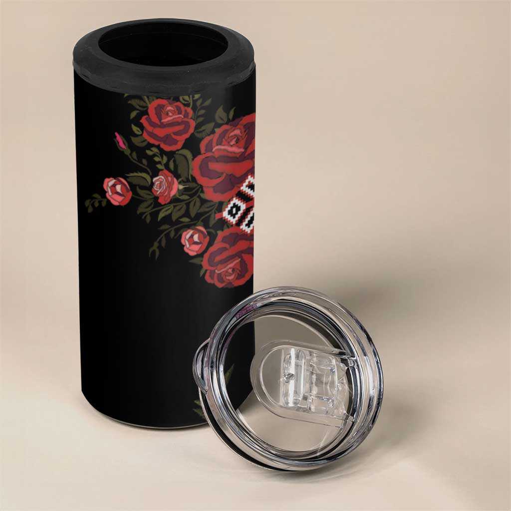 Czech Republic Traditional Costume 4 in 1 Can Cooler Tumbler Embroidery Floral Pattern With Red Rose