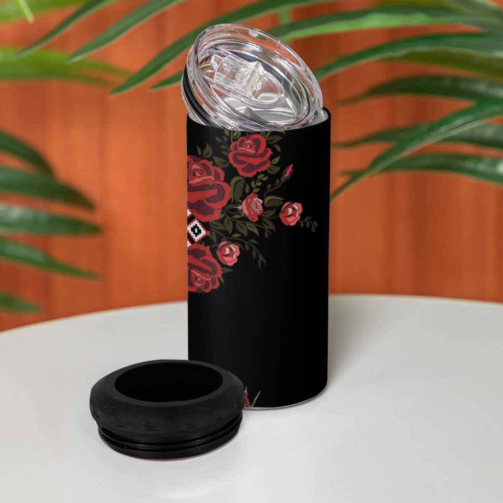 Czech Republic Traditional Costume 4 in 1 Can Cooler Tumbler Embroidery Floral Pattern With Red Rose