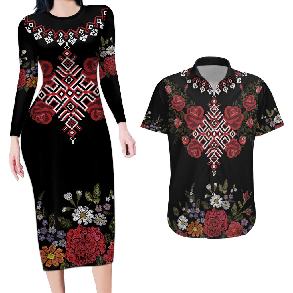 Czech Republic Traditional Costume Couples Matching Long Sleeve Bodycon Dress and Hawaiian Shirt Embroidery Floral Pattern With Red Rose
