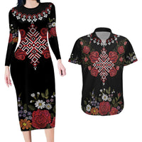 Czech Republic Traditional Costume Couples Matching Long Sleeve Bodycon Dress and Hawaiian Shirt Embroidery Floral Pattern With Red Rose