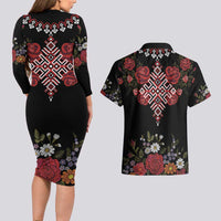 Czech Republic Traditional Costume Couples Matching Long Sleeve Bodycon Dress and Hawaiian Shirt Embroidery Floral Pattern With Red Rose