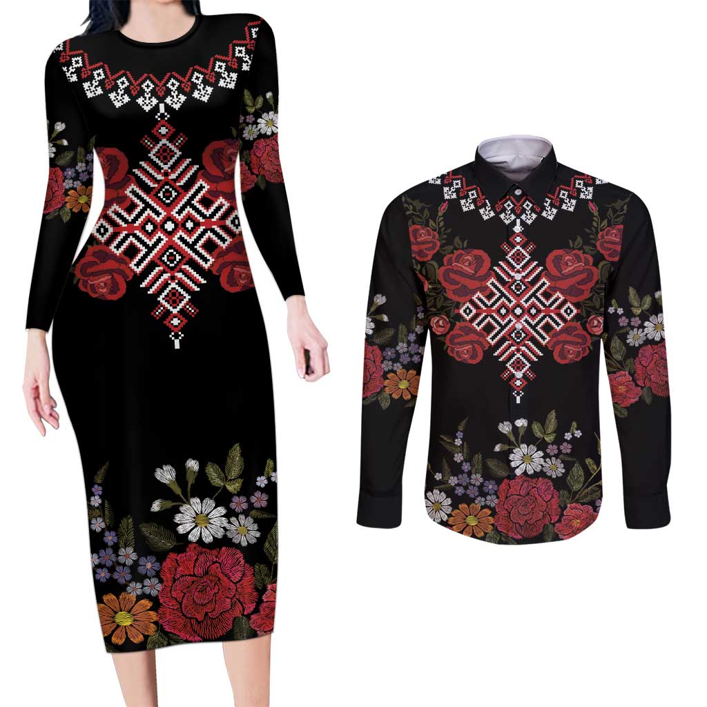 Czech Republic Traditional Costume Couples Matching Long Sleeve Bodycon Dress and Long Sleeve Button Shirt Embroidery Floral Pattern With Red Rose