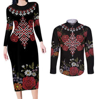 Czech Republic Traditional Costume Couples Matching Long Sleeve Bodycon Dress and Long Sleeve Button Shirt Embroidery Floral Pattern With Red Rose