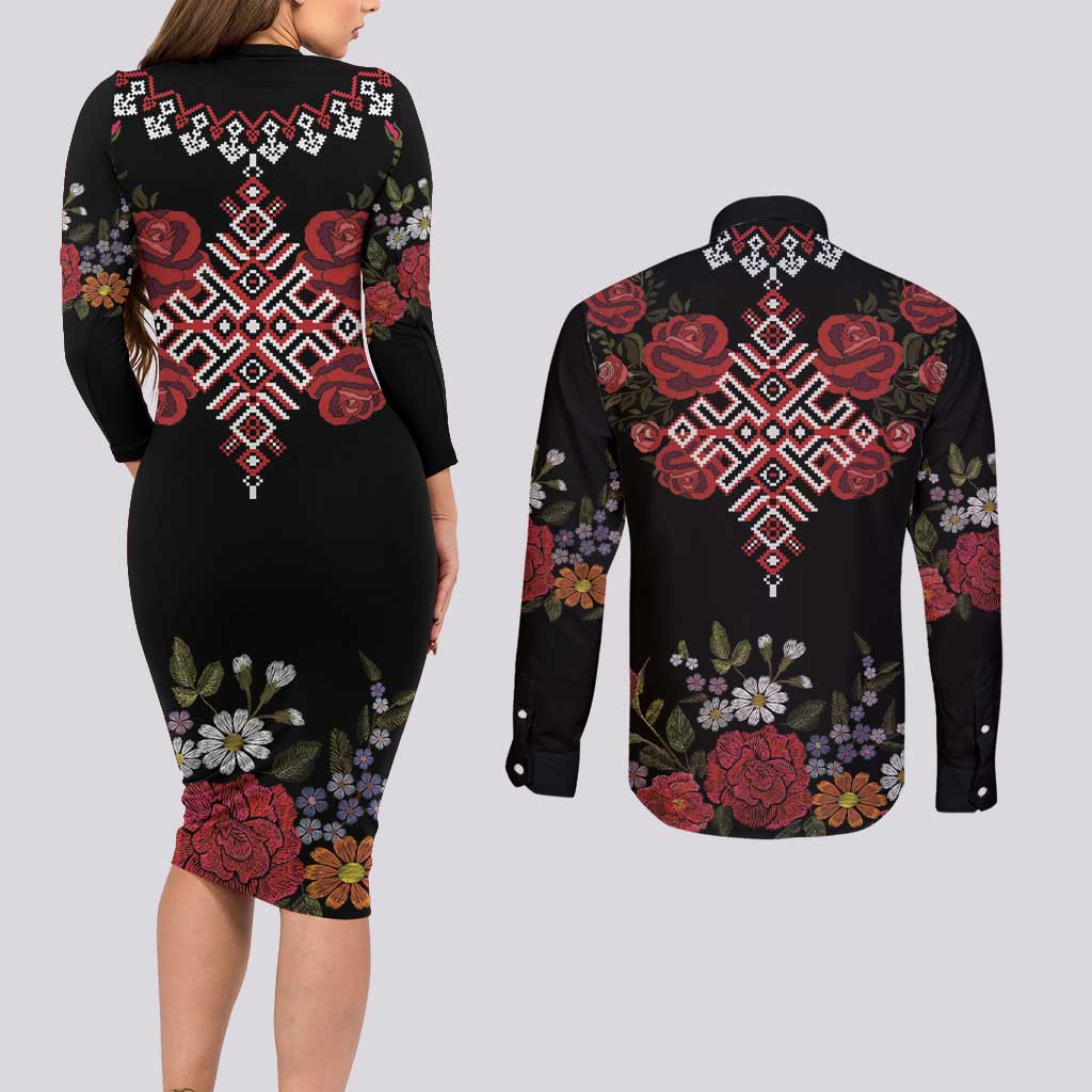Czech Republic Traditional Costume Couples Matching Long Sleeve Bodycon Dress and Long Sleeve Button Shirt Embroidery Floral Pattern With Red Rose