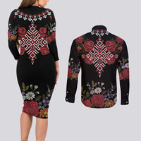 Czech Republic Traditional Costume Couples Matching Long Sleeve Bodycon Dress and Long Sleeve Button Shirt Embroidery Floral Pattern With Red Rose