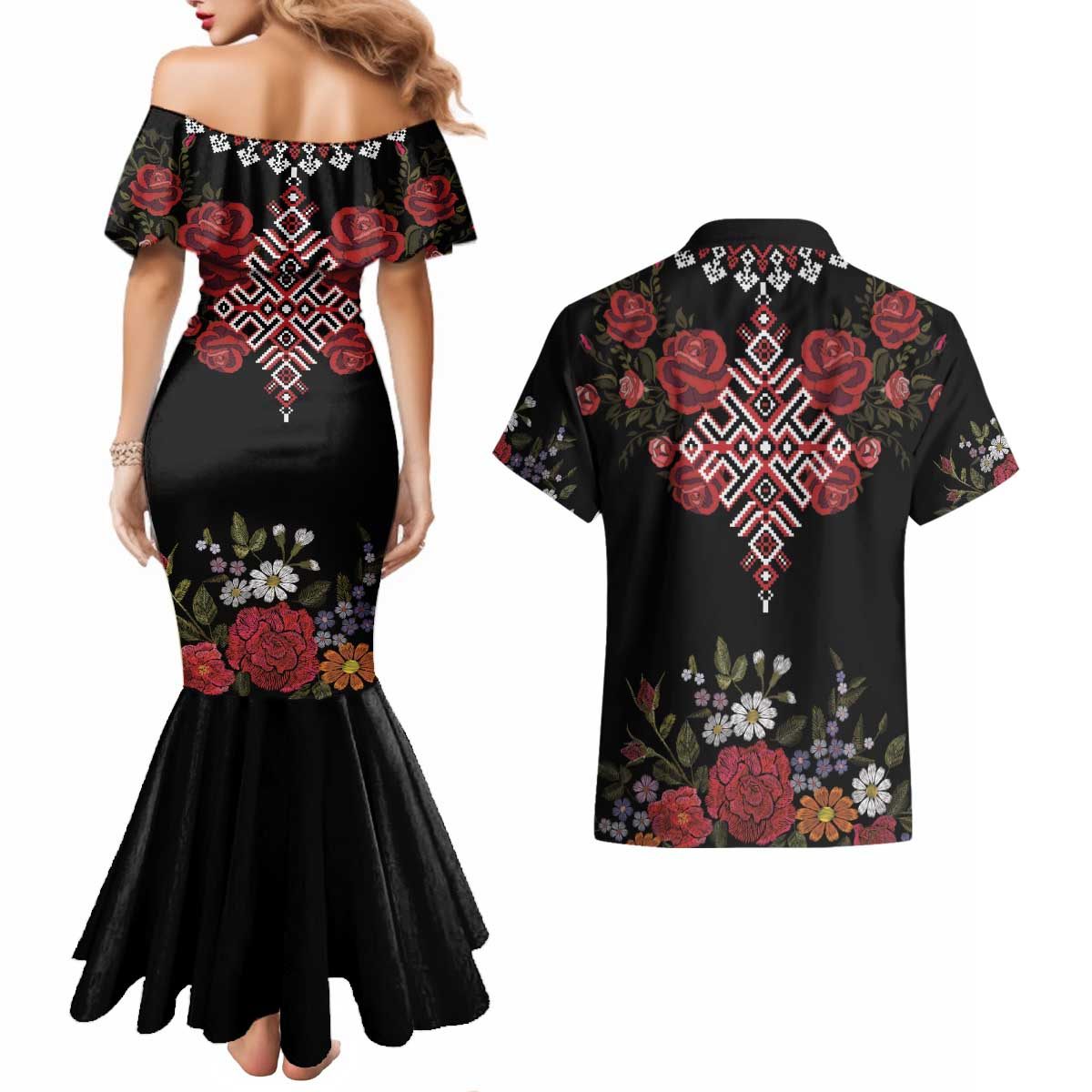 Czech Republic Traditional Costume Couples Matching Mermaid Dress and Hawaiian Shirt Embroidery Floral Pattern With Red Rose