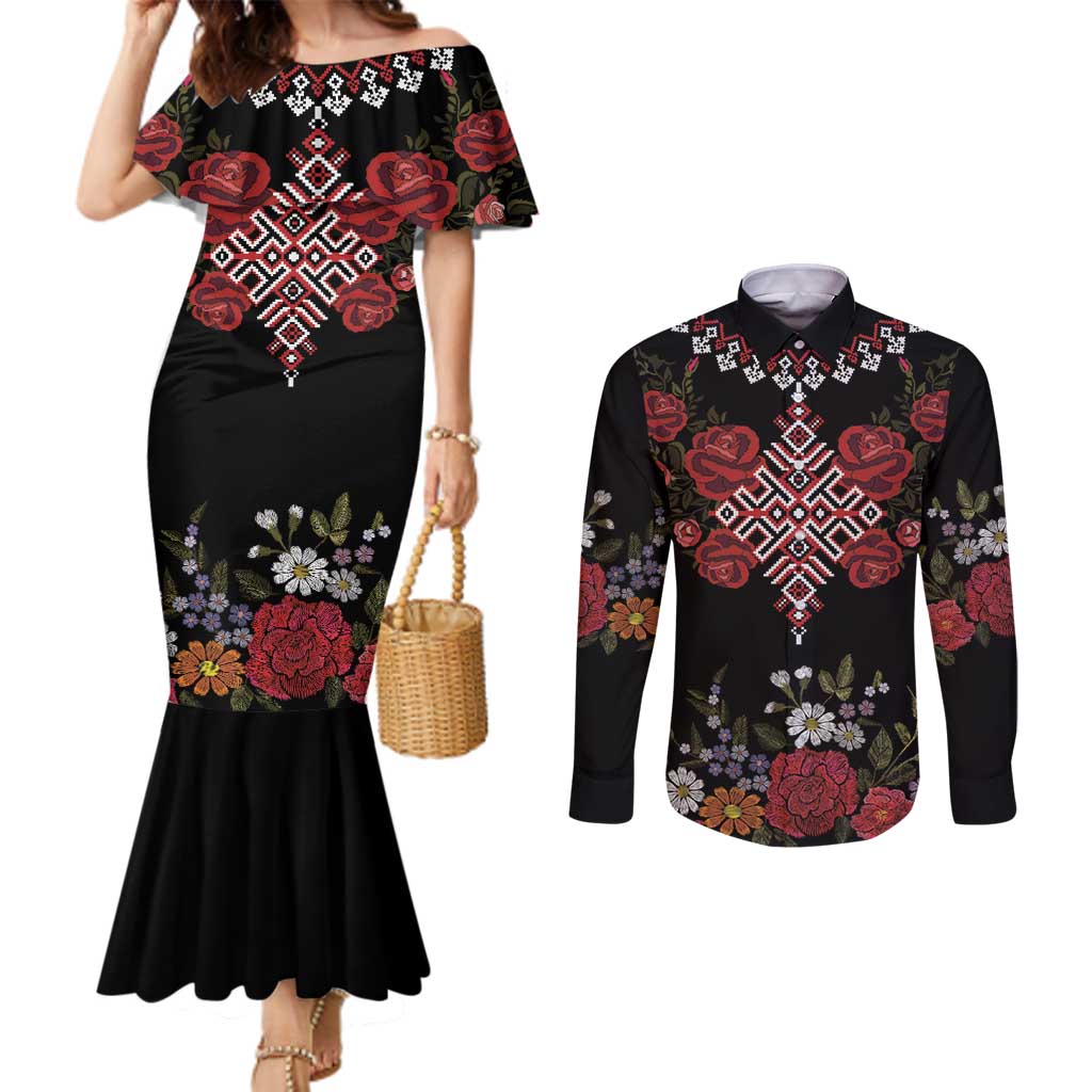 Czech Republic Traditional Costume Couples Matching Mermaid Dress and Long Sleeve Button Shirt Embroidery Floral Pattern With Red Rose