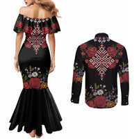 Czech Republic Traditional Costume Couples Matching Mermaid Dress and Long Sleeve Button Shirt Embroidery Floral Pattern With Red Rose