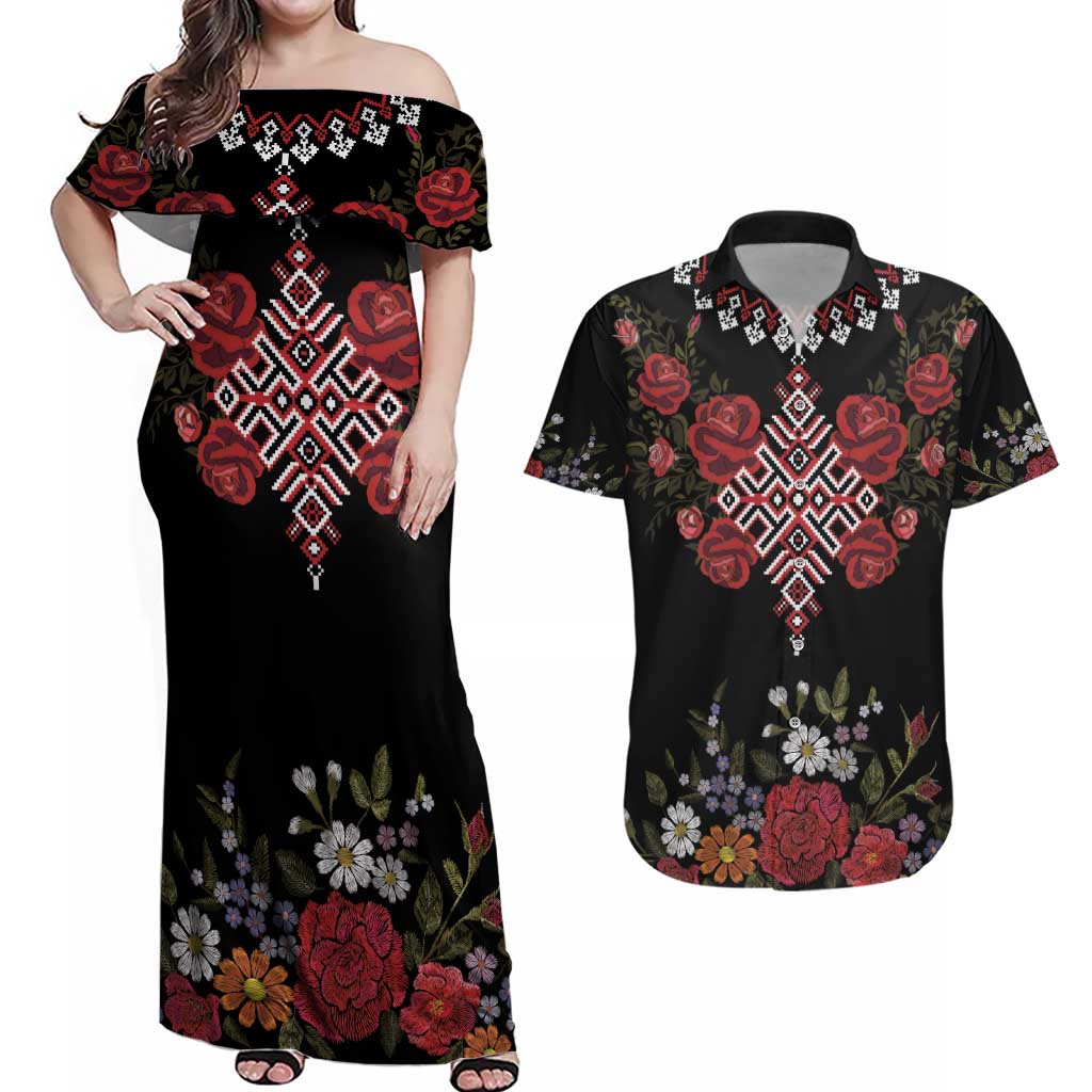 Czech Republic Traditional Costume Couples Matching Off Shoulder Maxi Dress and Hawaiian Shirt Embroidery Floral Pattern With Red Rose