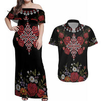 Czech Republic Traditional Costume Couples Matching Off Shoulder Maxi Dress and Hawaiian Shirt Embroidery Floral Pattern With Red Rose