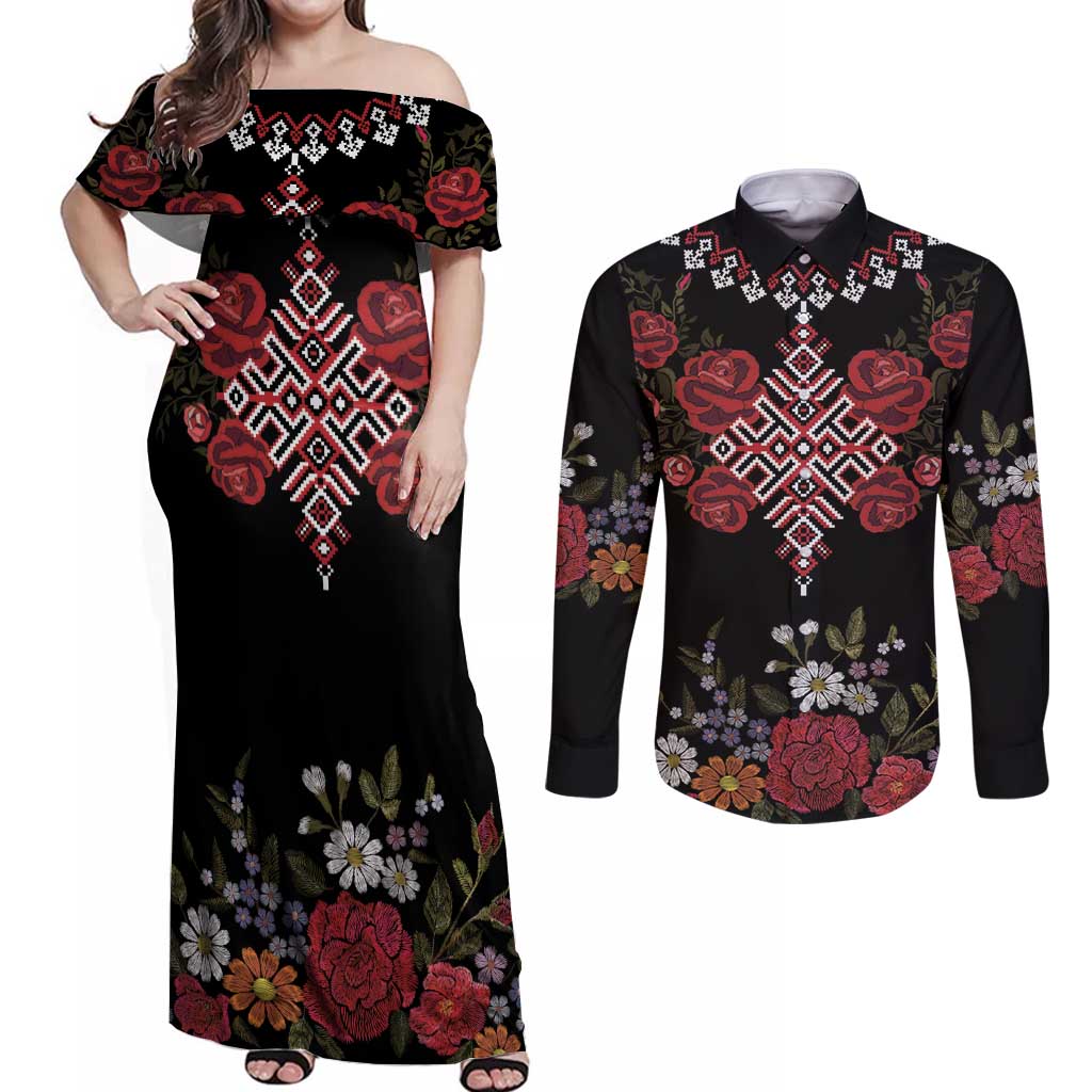 Czech Republic Traditional Costume Couples Matching Off Shoulder Maxi Dress and Long Sleeve Button Shirt Embroidery Floral Pattern With Red Rose