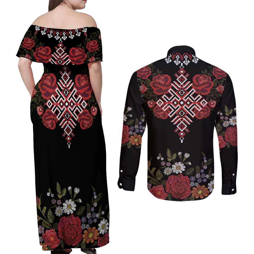 Czech Republic Traditional Costume Couples Matching Off Shoulder Maxi Dress and Long Sleeve Button Shirt Embroidery Floral Pattern With Red Rose