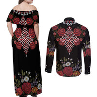 Czech Republic Traditional Costume Couples Matching Off Shoulder Maxi Dress and Long Sleeve Button Shirt Embroidery Floral Pattern With Red Rose
