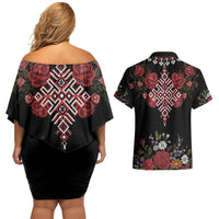 Czech Republic Traditional Costume Couples Matching Off Shoulder Short Dress and Hawaiian Shirt Embroidery Floral Pattern With Red Rose