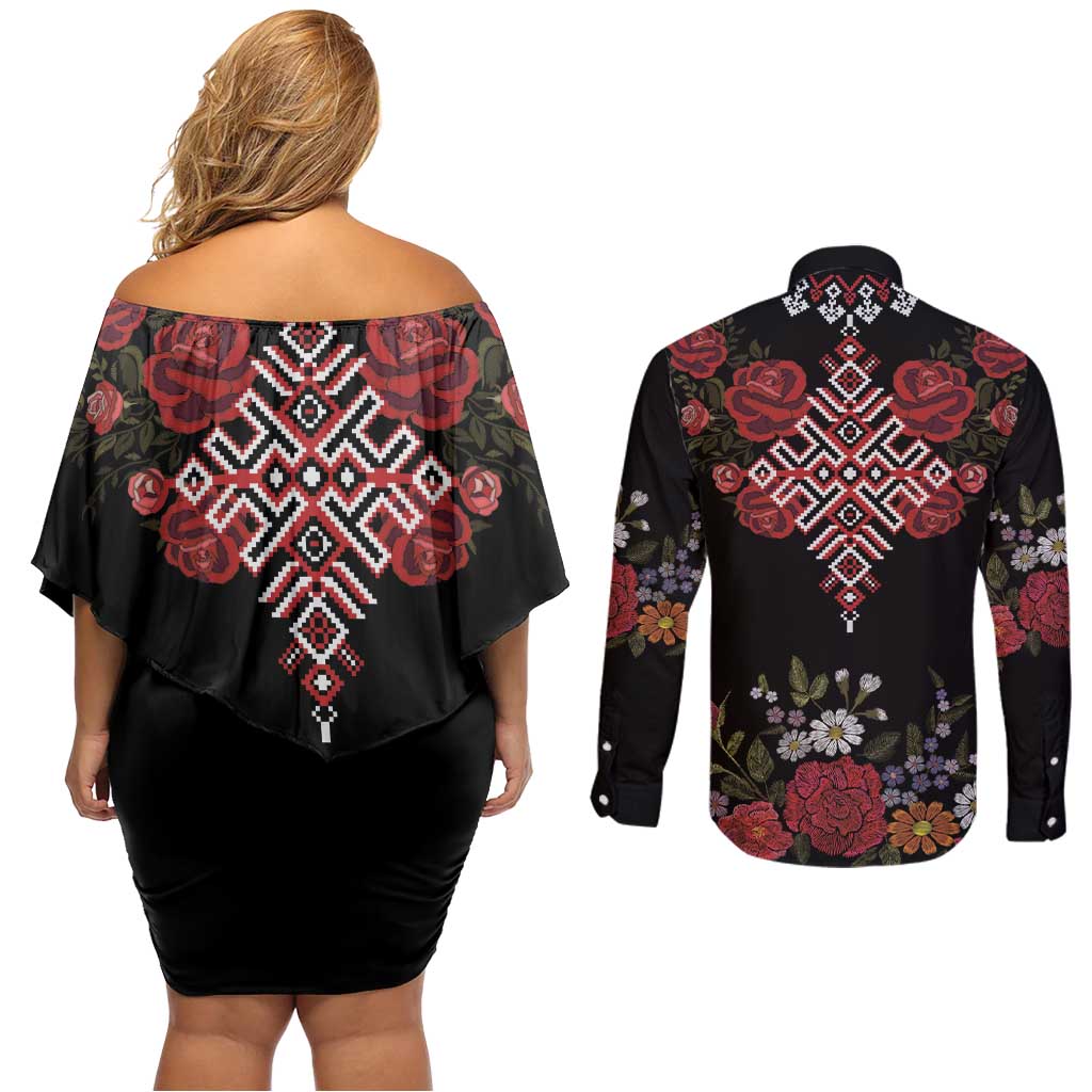 Czech Republic Traditional Costume Couples Matching Off Shoulder Short Dress and Long Sleeve Button Shirt Embroidery Floral Pattern With Red Rose