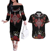 Czech Republic Traditional Costume Couples Matching Off The Shoulder Long Sleeve Dress and Hawaiian Shirt Embroidery Floral Pattern With Red Rose
