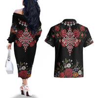 Czech Republic Traditional Costume Couples Matching Off The Shoulder Long Sleeve Dress and Hawaiian Shirt Embroidery Floral Pattern With Red Rose