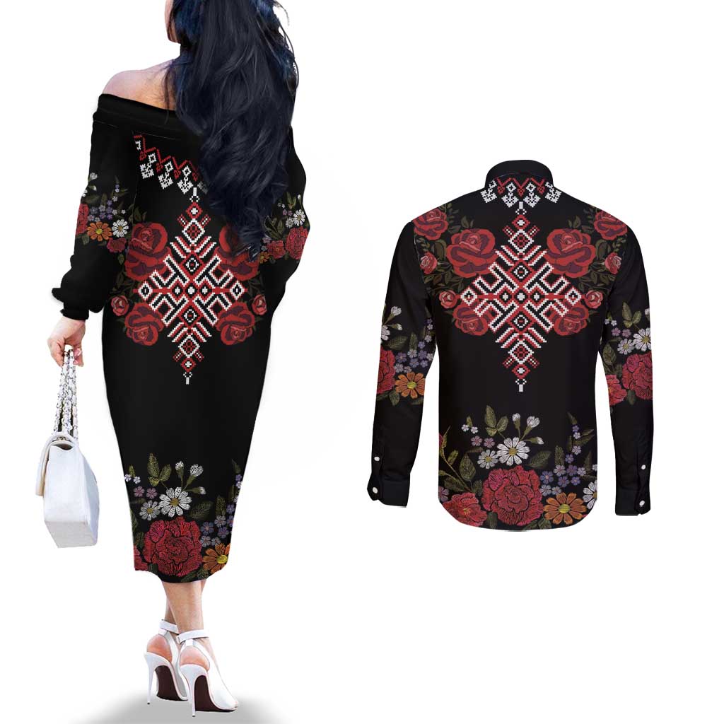 Czech Republic Traditional Costume Couples Matching Off The Shoulder Long Sleeve Dress and Long Sleeve Button Shirt Embroidery Floral Pattern With Red Rose
