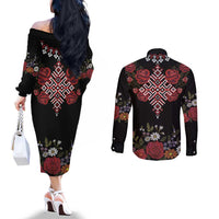 Czech Republic Traditional Costume Couples Matching Off The Shoulder Long Sleeve Dress and Long Sleeve Button Shirt Embroidery Floral Pattern With Red Rose