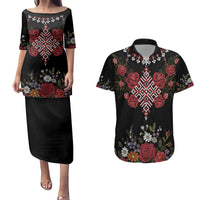 Czech Republic Traditional Costume Couples Matching Puletasi and Hawaiian Shirt Embroidery Floral Pattern With Red Rose